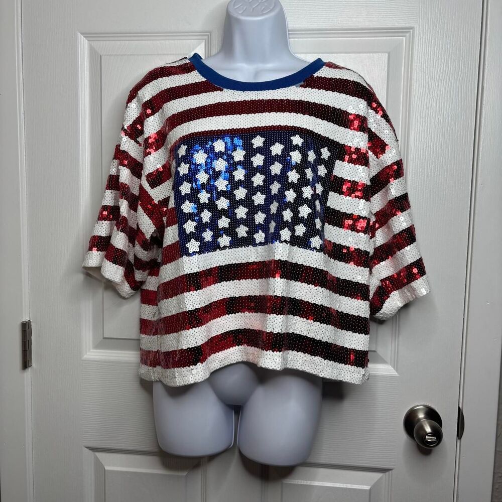 S Main Strip Sequin American Flag Cropped Top Red White Blue